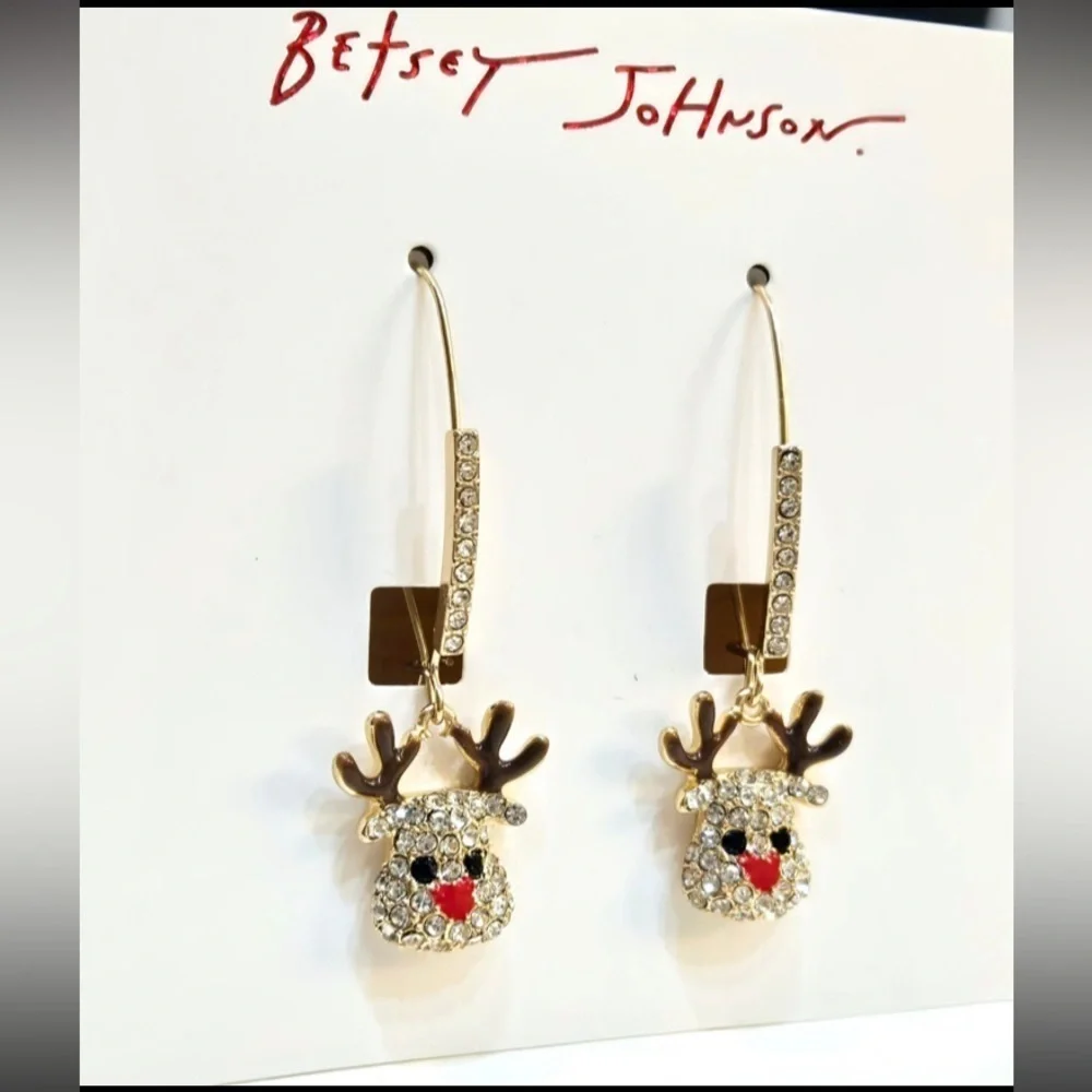 BETSEY JOHNSON Christmas Holiday Reindeer Dangle Crystals Bling Earrings NEW NWT